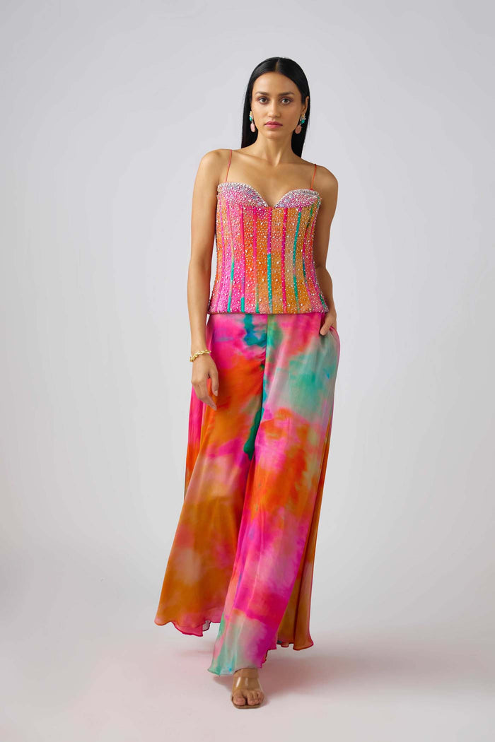 MULTICOLOR CRYSTAL EMBROIDERED CORSET SET