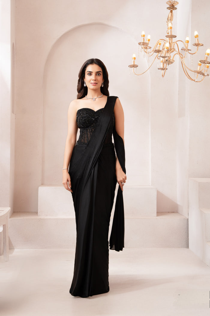 BLACK CORSET EMBROIDERED PRE DRAPED SAREE
