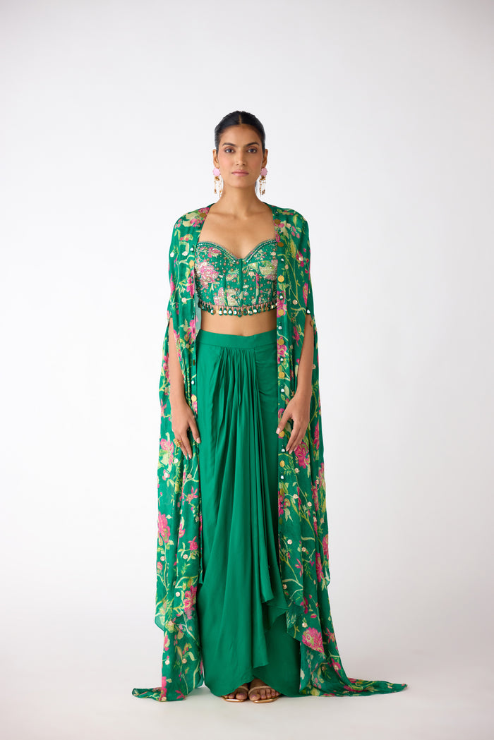 GREEN FLORAL EMBELLISHED CORSET CAPE AND SKIRT SET