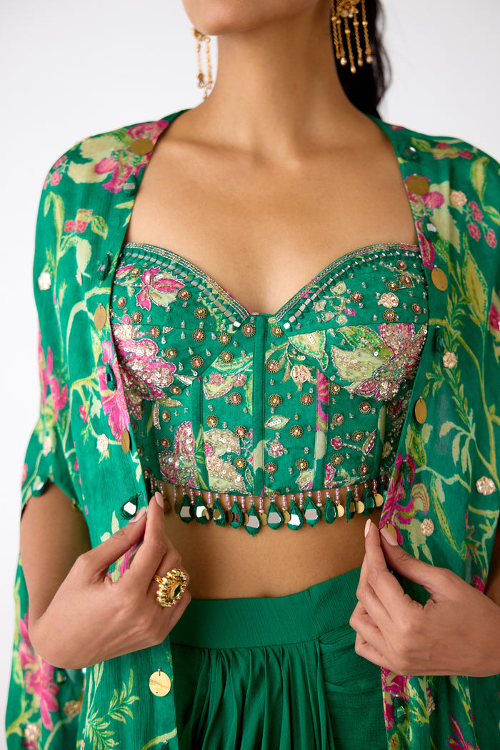 GREEN FLORAL EMBELLISHED CORSET CAPE AND SKIRT SET