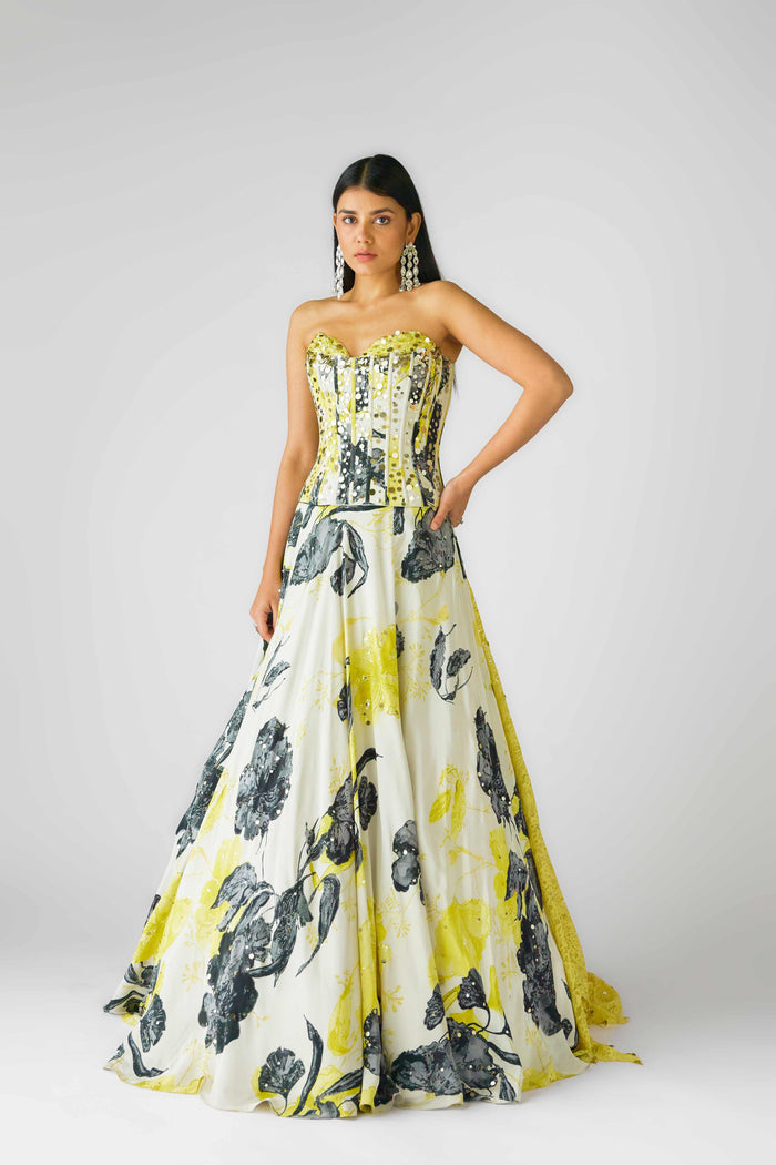FLORAL YELLOW LEHENGA WITH EMBELLISHED CORSET BLOUSE