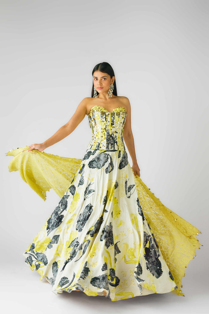 FLORAL YELLOW LEHENGA WITH EMBELLISHED CORSET BLOUSE