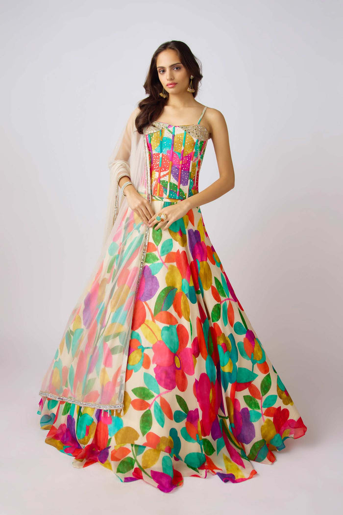 MULTI EMBROIDERED GEORGETTE CORSET LEHENGA SET