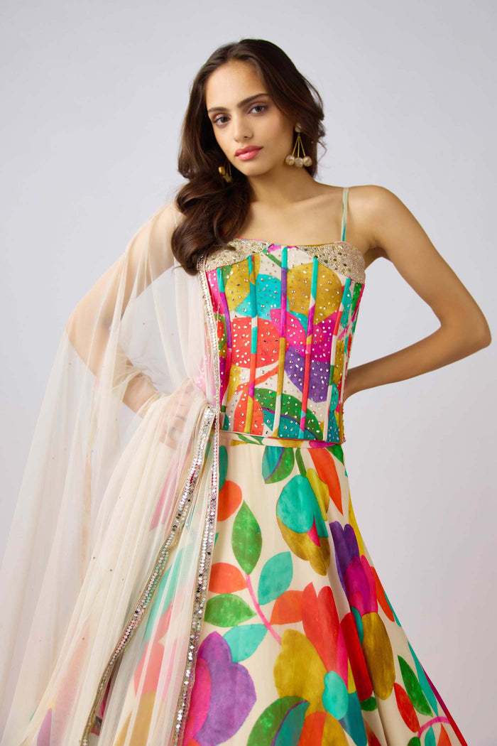 MULTI EMBROIDERED GEORGETTE CORSET LEHENGA SET