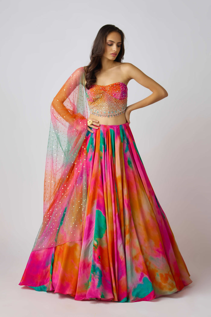 MULTICOLORED CRYSTAL EMBELLISHED CORSET LEHENGA SET