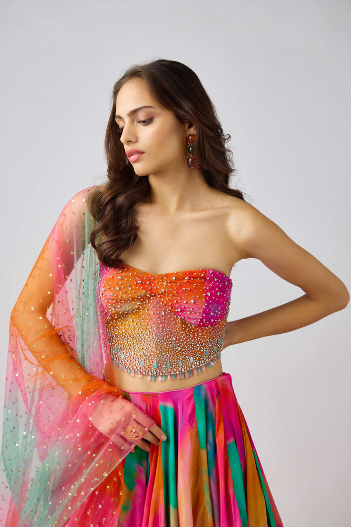 MULTICOLORED CRYSTAL EMBELLISHED CORSET LEHENGA SET