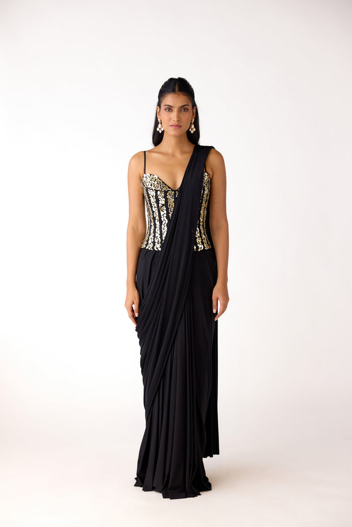 EMBELLISHED BLACK CORSET PRE DRAPED SAREE SET