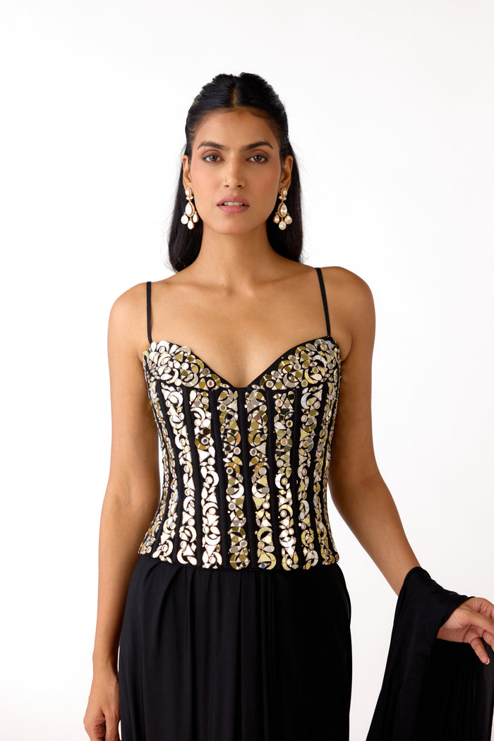 EMBELLISHED BLACK CORSET PRE DRAPED SAREE SET