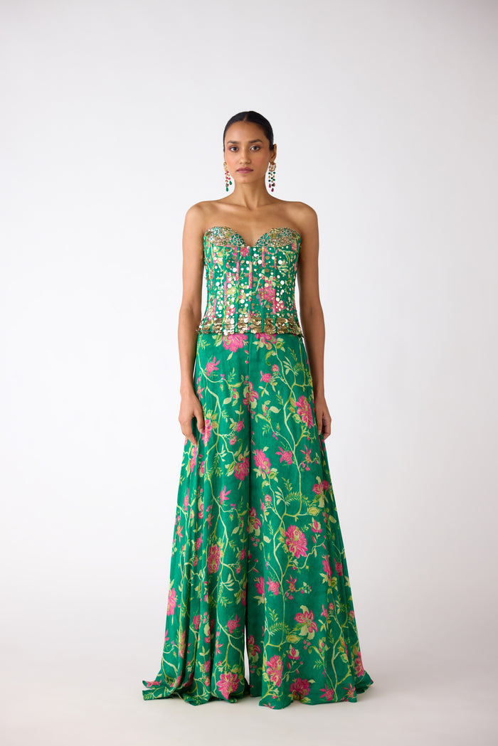 GREEN FLORAL SEQUINS CORSET AND SHARARA SET