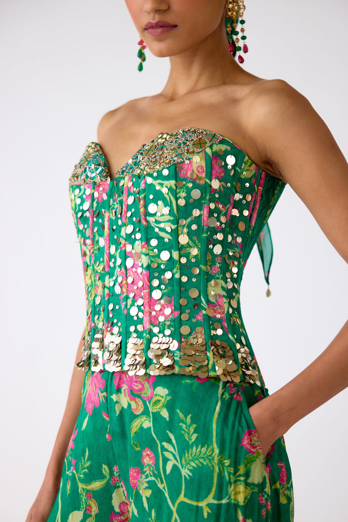 GREEN FLORAL SEQUINS CORSET AND SHARARA SET