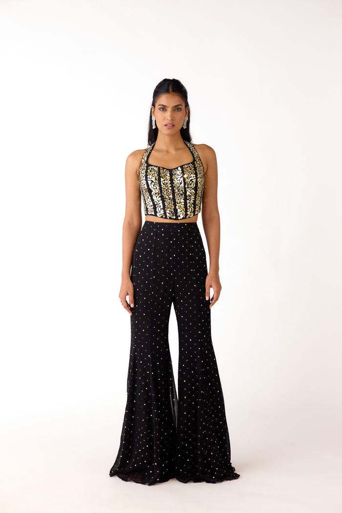 BLACK CORSET HALTER NECK EMBROIDERED SHARARA SET
