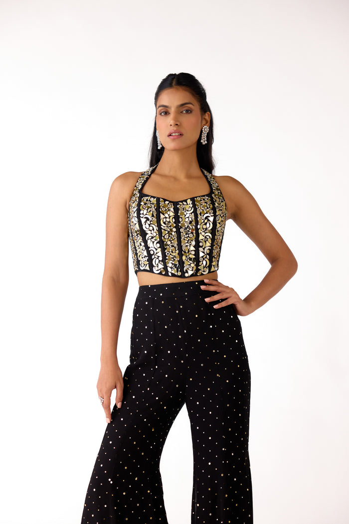 BLACK CORSET HALTER NECK EMBROIDERED SHARARA SET