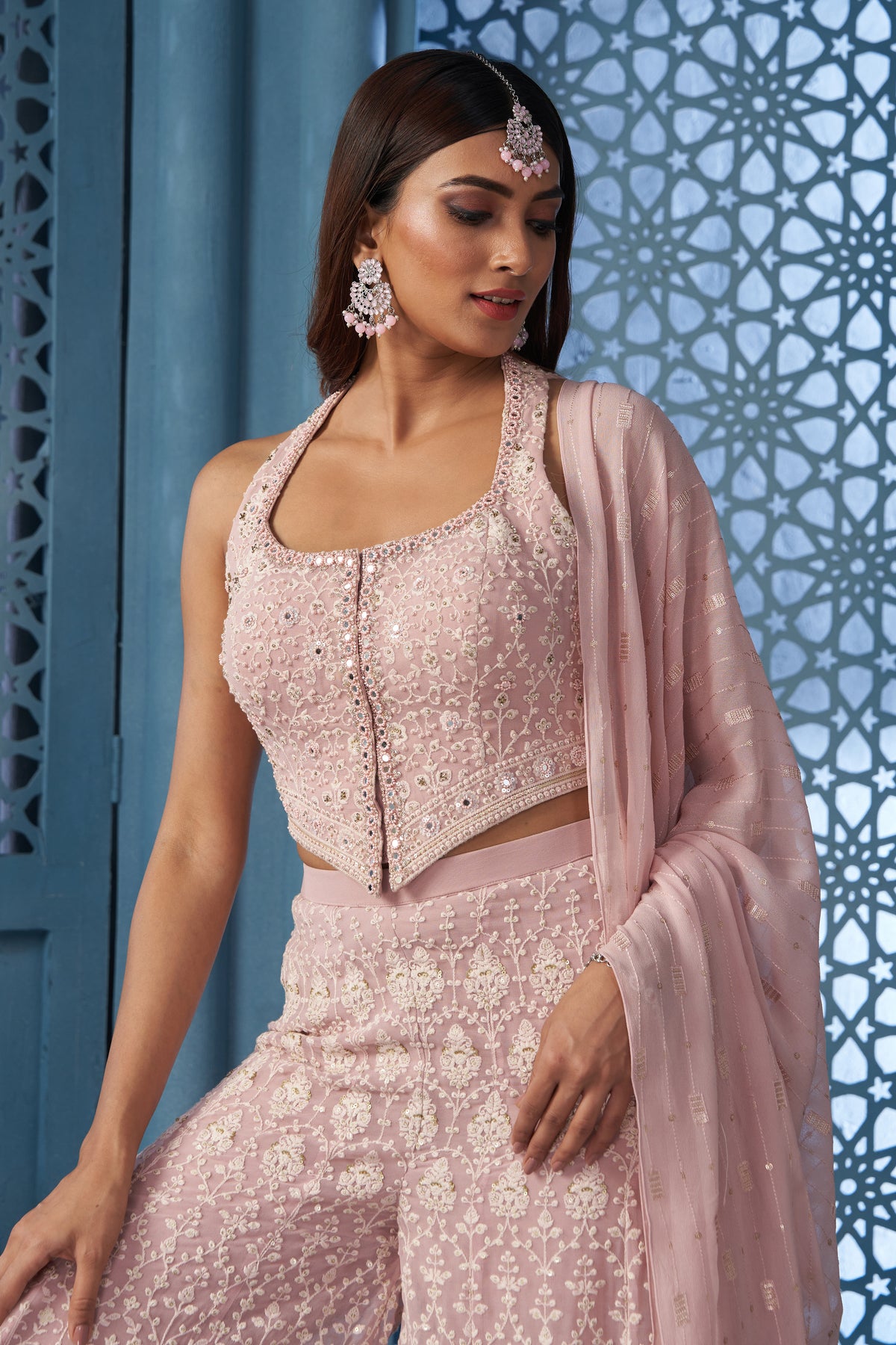 CONTEMPORARY PINK EMBROIDERED HALTER NECK PLAZO SET