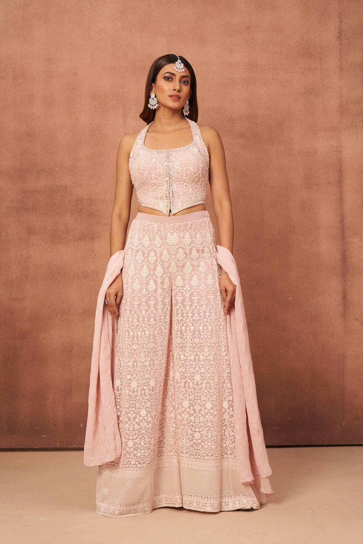 CONTEMPORARY PINK EMBROIDERED HALTER NECK PLAZO SET