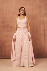 CONTEMPORARY PINK EMBROIDERED HALTER NECK PLAZO SET