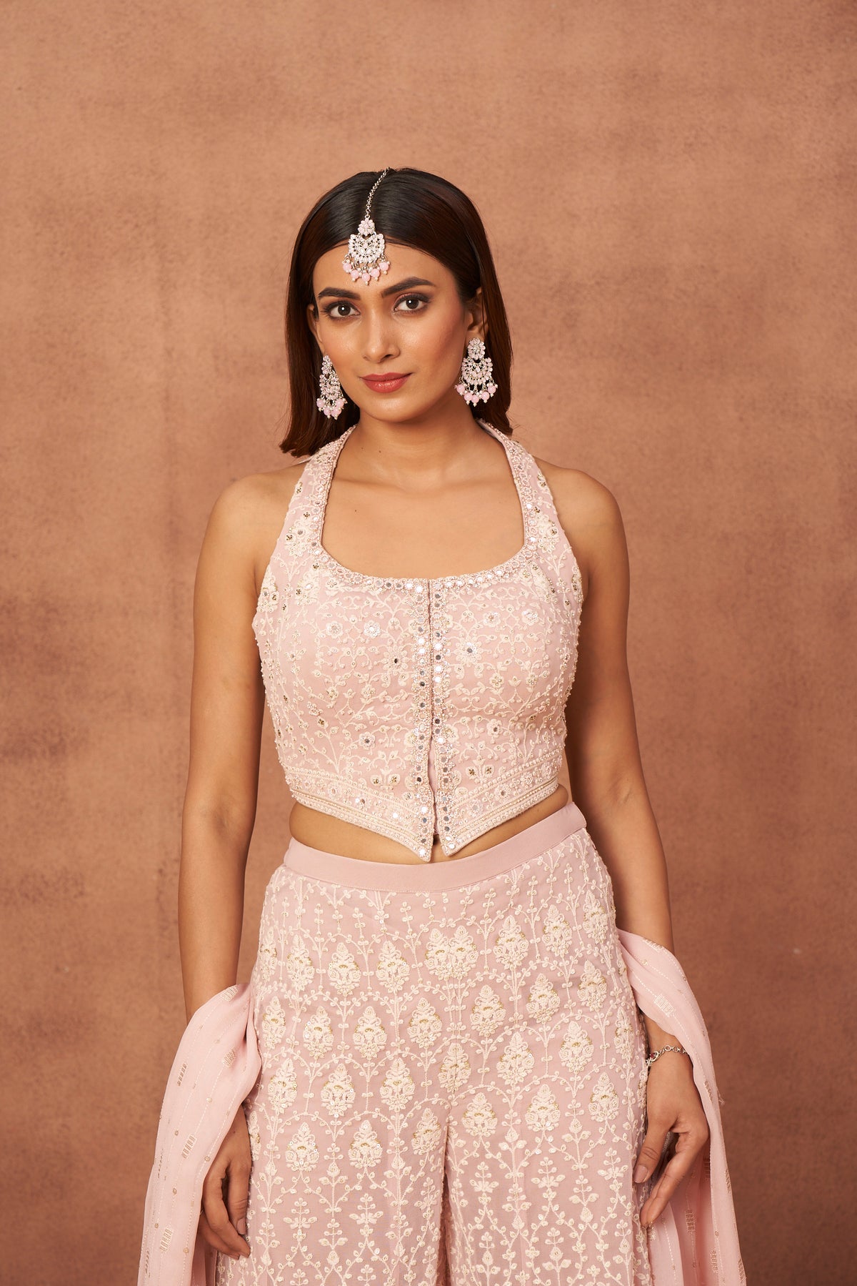 CONTEMPORARY PINK EMBROIDERED HALTER NECK PLAZO SET