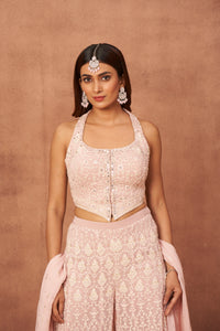 CONTEMPORARY PINK EMBROIDERED HALTER NECK PLAZO SET