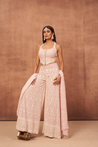 CONTEMPORARY PINK EMBROIDERED HALTER NECK PLAZO SET