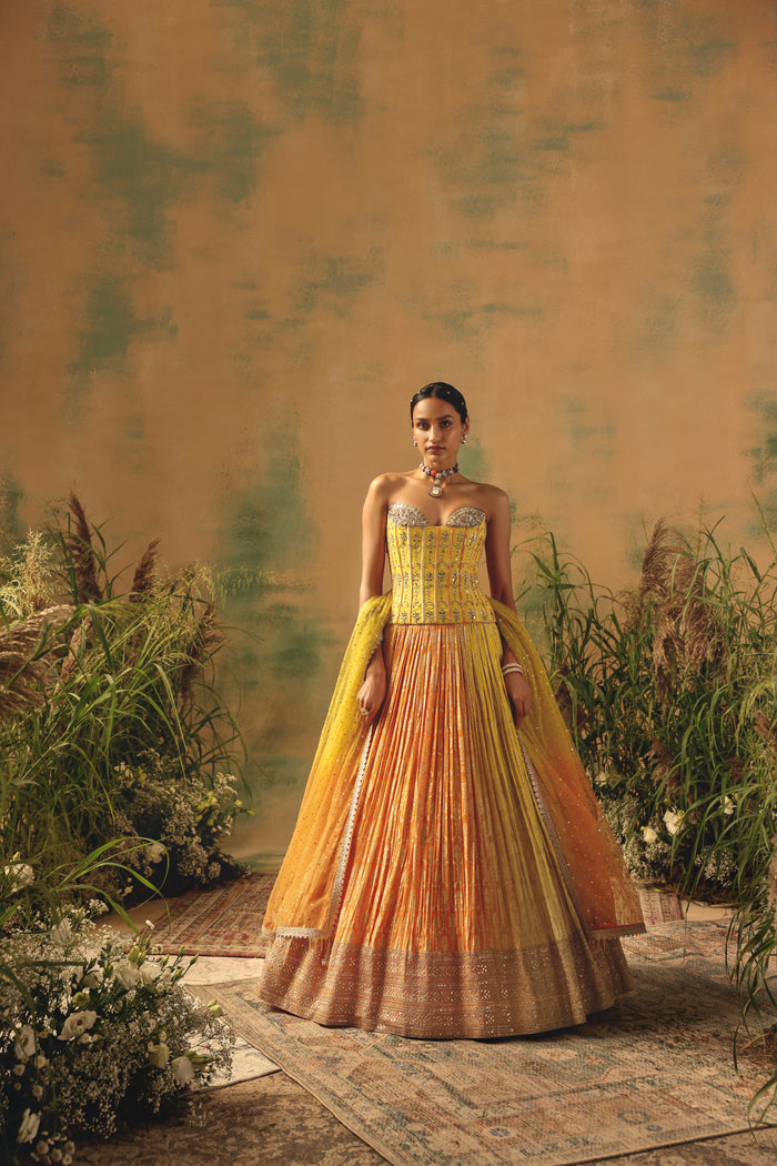 YELLOW CORSET BANARASI GEORGETTE LEHENGA SET