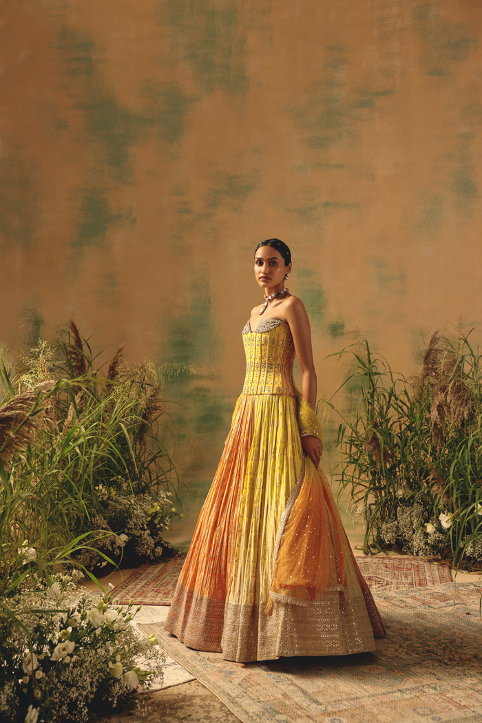 YELLOW CORSET BANARASI GEORGETTE LEHENGA SET
