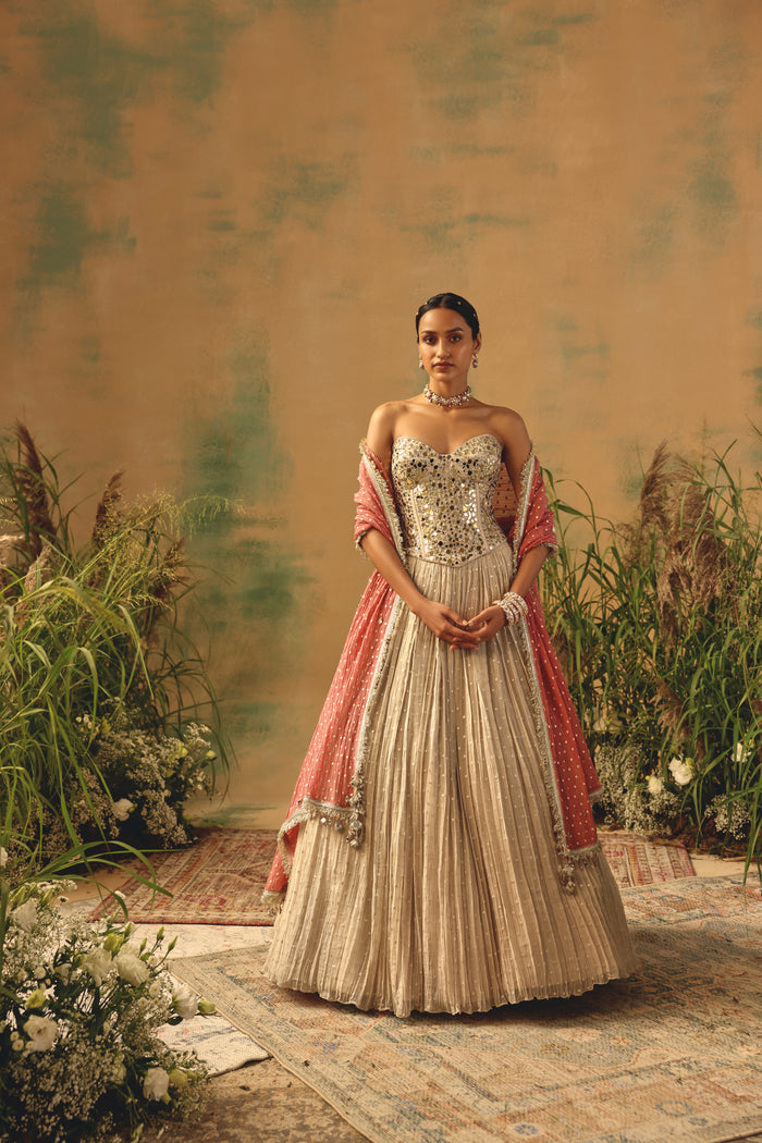 IVORY TISSUE CORSET MIRROR LEHENGA SET