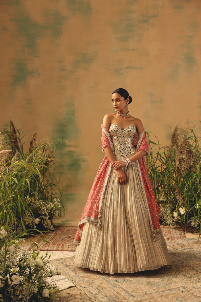 IVORY TISSUE CORSET MIRROR LEHENGA SET