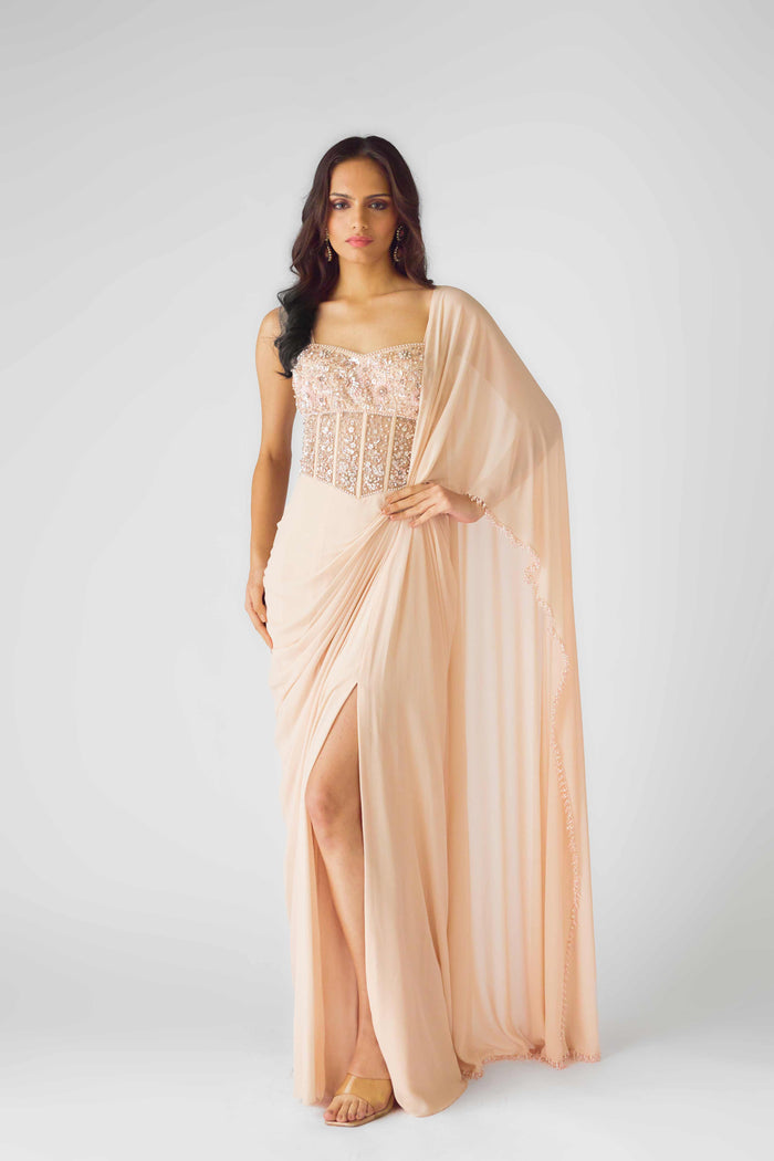 PEACH CORSET PRE DRAPED SLIT SAREE