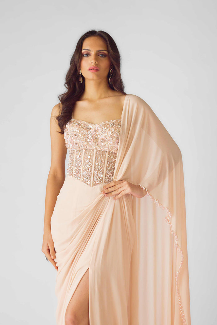 PEACH CORSET PRE DRAPED SLIT SAREE