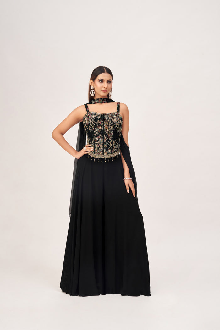 BLACK CORSET SHARARA SET WITH INTRICATE EMBROIDERY