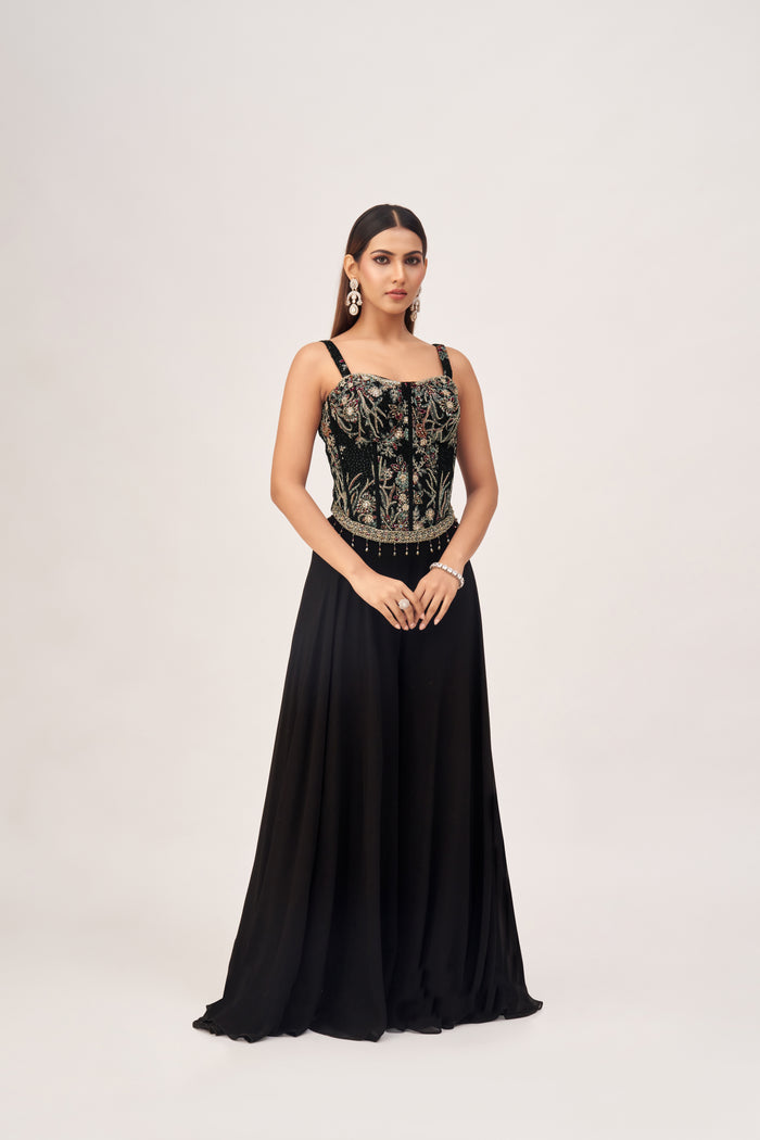 BLACK CORSET SHARARA SET WITH INTRICATE EMBROIDERY