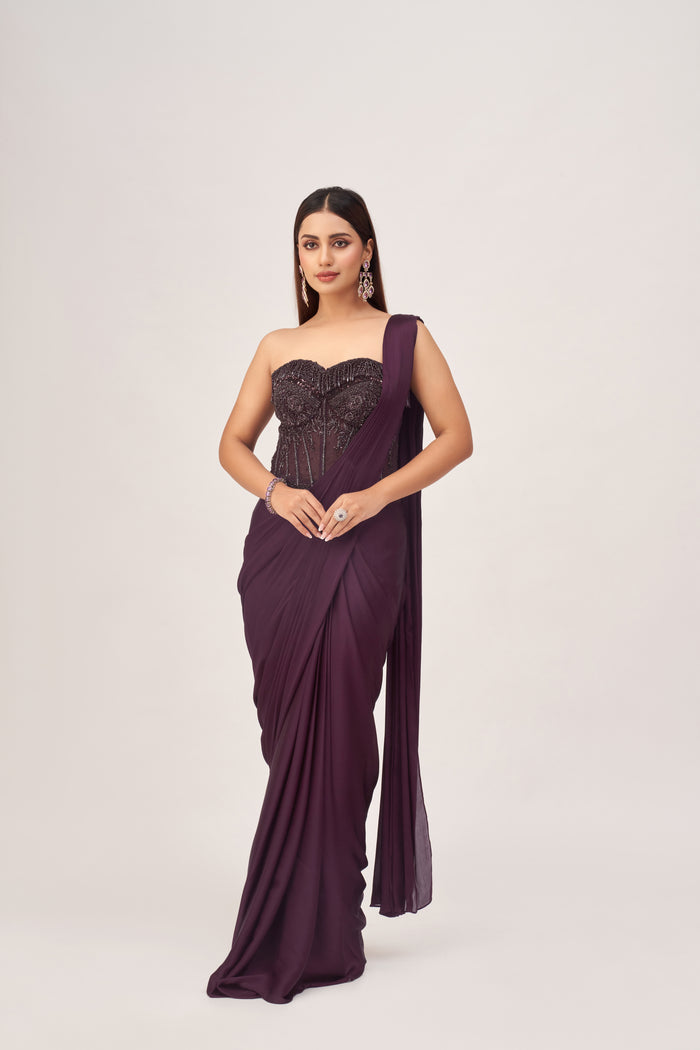 WINE CORSET EMBROIDERED PRE DRAPED SAREE
