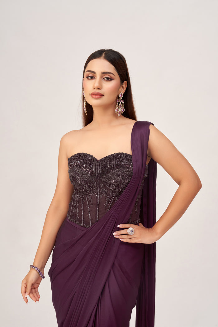 WINE CORSET EMBROIDERED PRE DRAPED SAREE