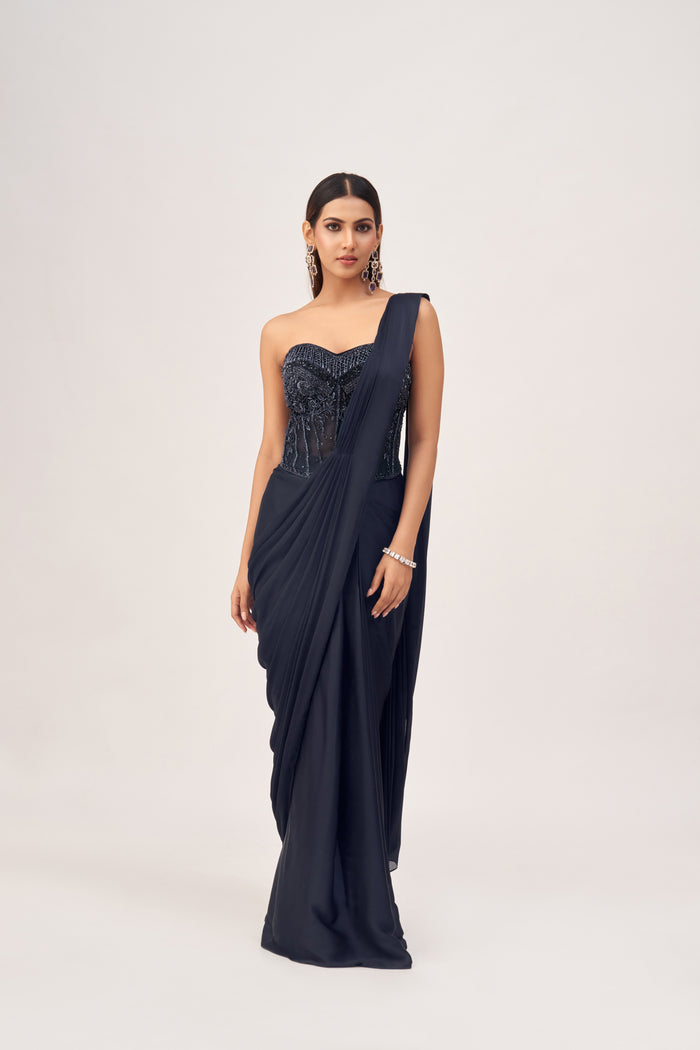 NAVY BLUE CORSET EMBROIDERED PRE DRAPED SAREE
