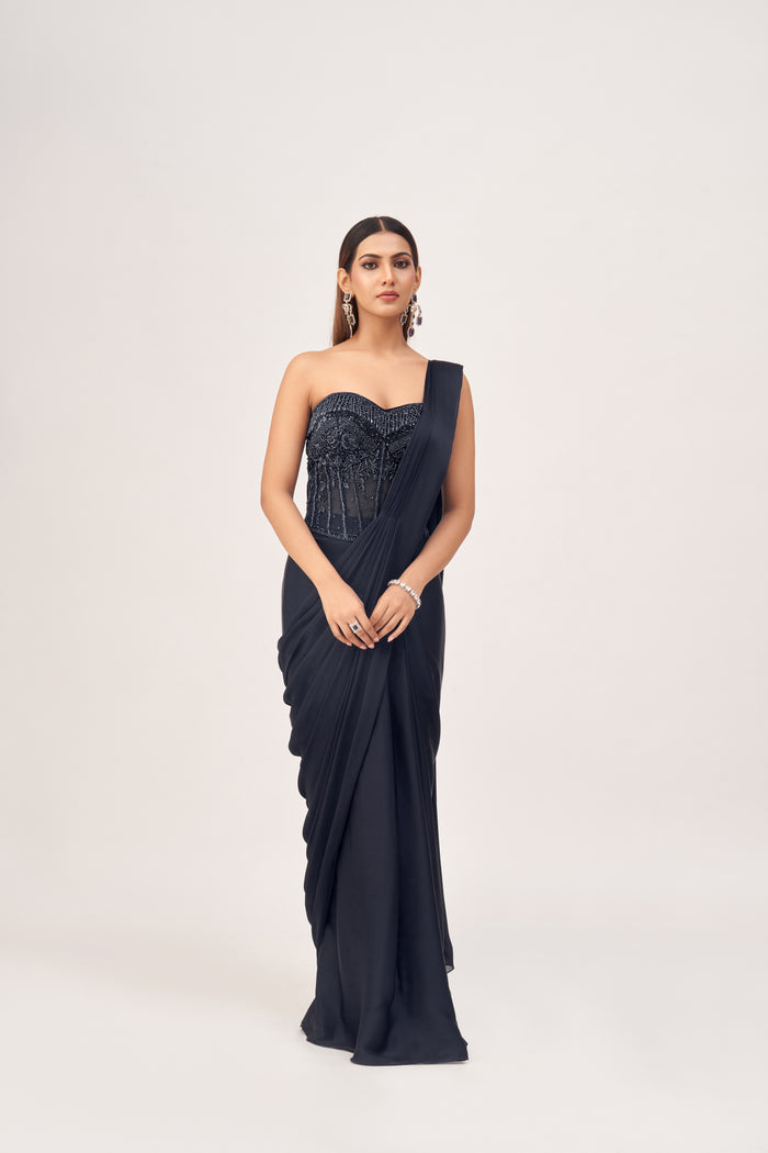 NAVY BLUE CORSET EMBROIDERED PRE DRAPED SAREE