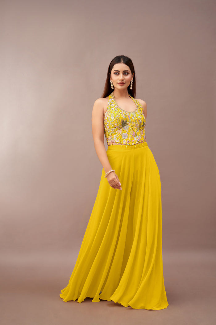 YELLOW HALTER NECK CORSET SHARARA SET