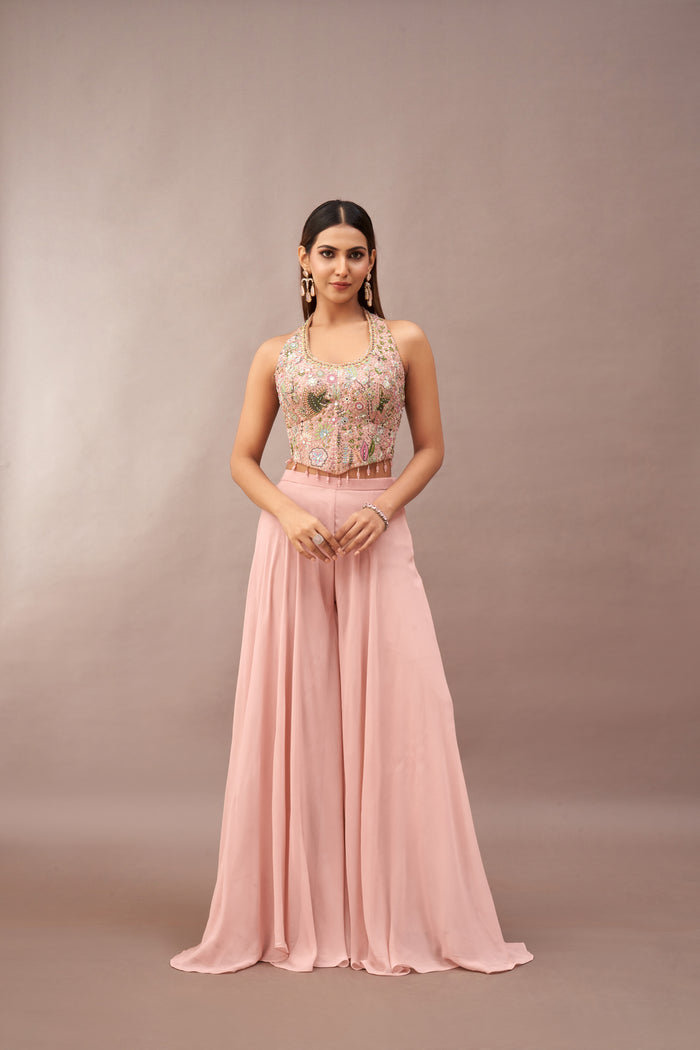 PINK HALTER NECK CORSET SHARARA SET