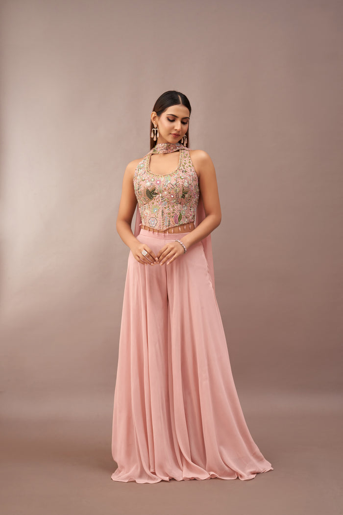 PINK HALTER NECK CORSET SHARARA SET