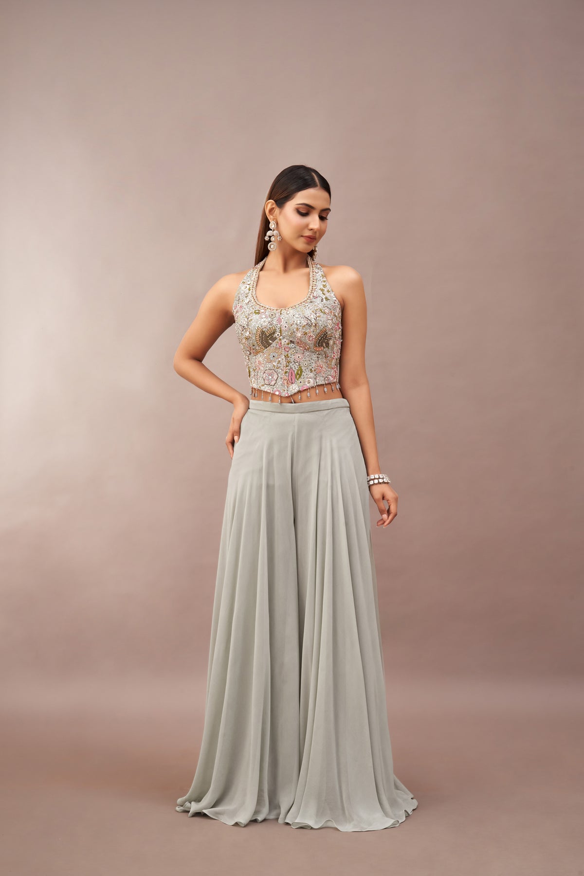 BLUE HALTER NECK CORSET SHARARA SET