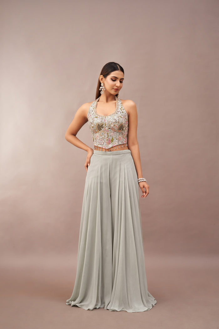 BLUE HALTER NECK CORSET SHARARA SET