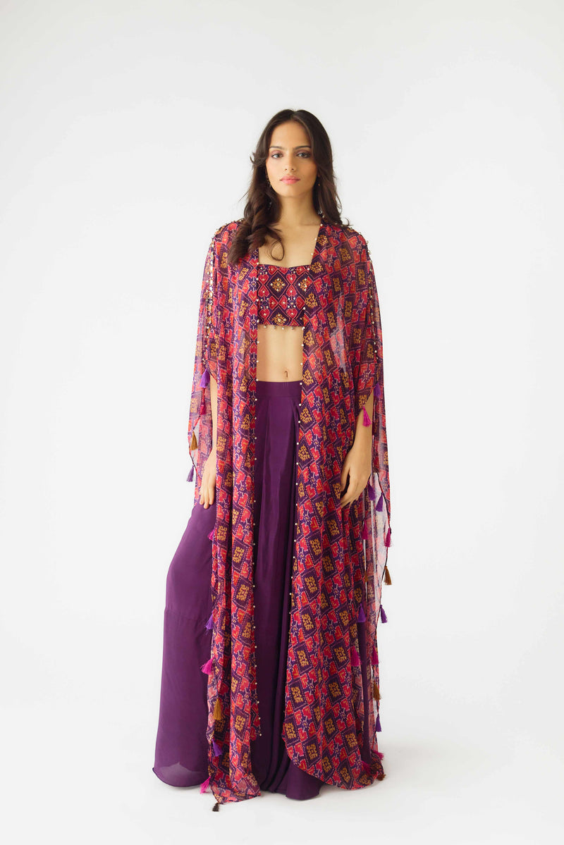 PURPLE MIRROR EMBROIDERD CAPE & SKIRT SET
