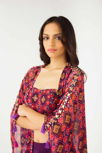 PURPLE MIRROR EMBROIDERD CAPE & SKIRT SET