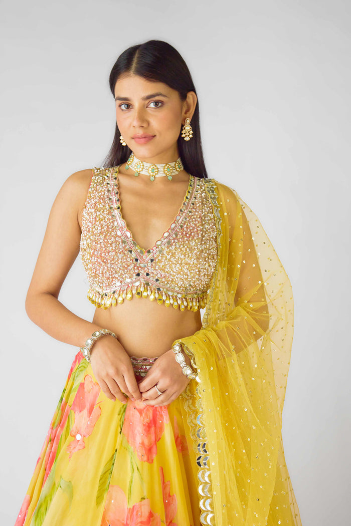 FLORAL YELLOW LEHENGA SET WITH INTRICATE EMBROIDERY