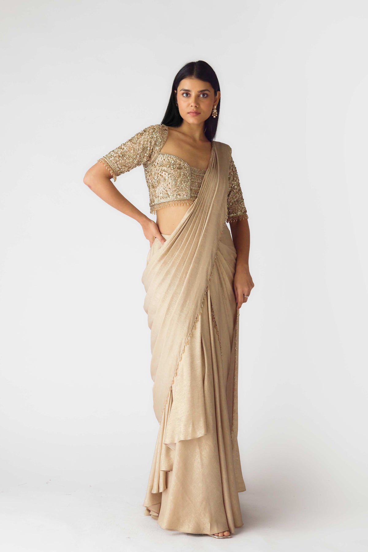 GOLD PRE STITCHED COCTAIL SAREE WITH SEQUINS DETAILING
