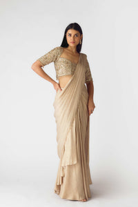 GOLD PRE STITCHED COCTAIL SAREE WITH SEQUINS DETAILING