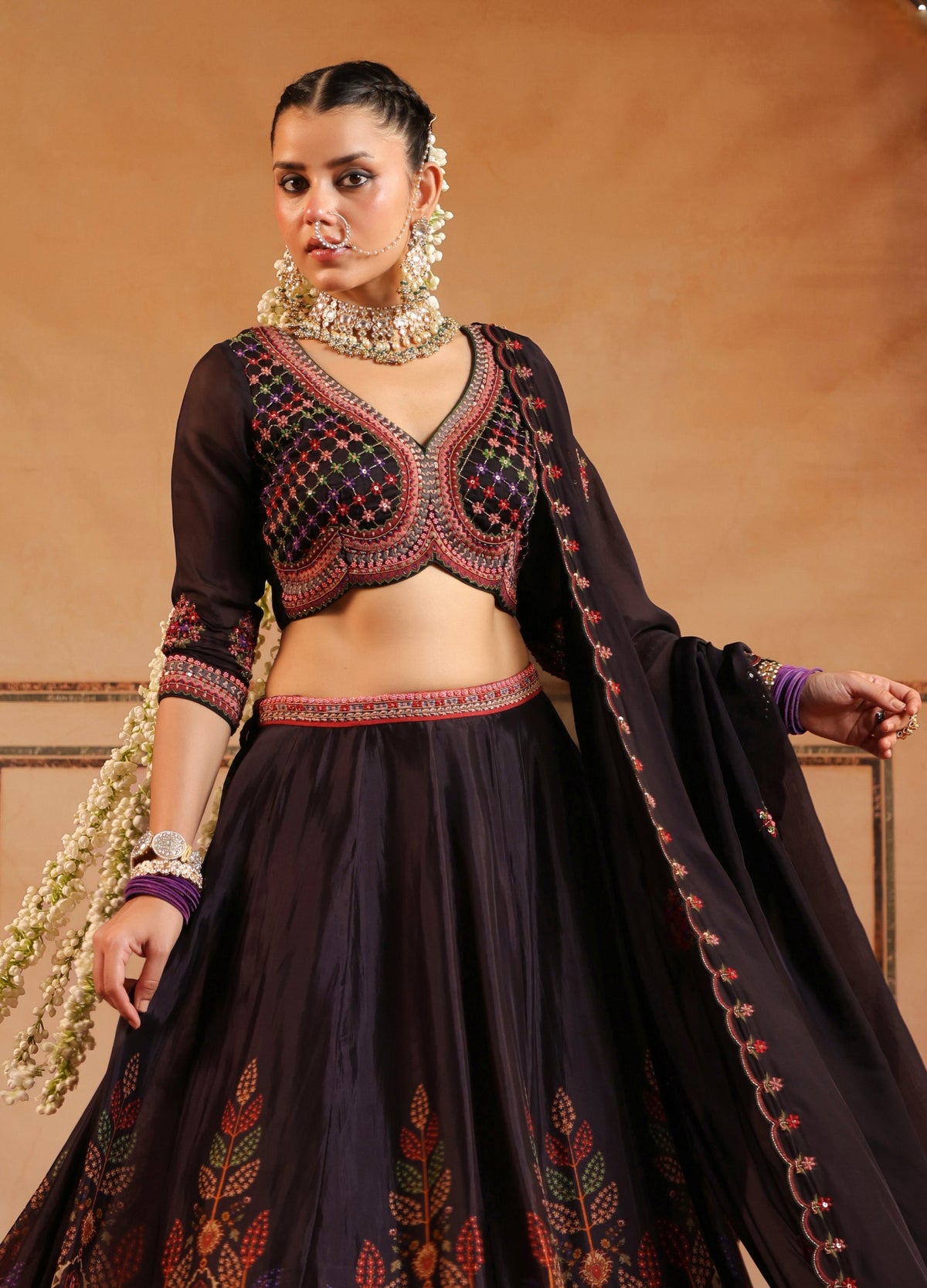 PURPLE ORGANZA LEHENGA WITH INTRICATE THREAD WORK