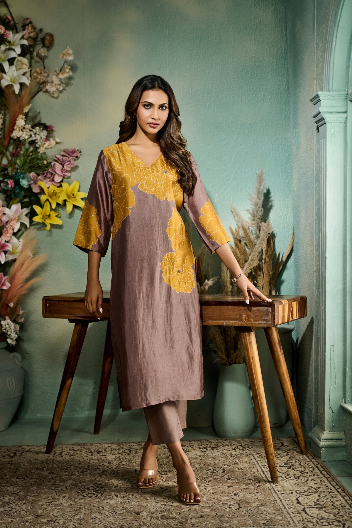 COFFEE PRINTED SILK KURTA SET | Nishly Fashion House