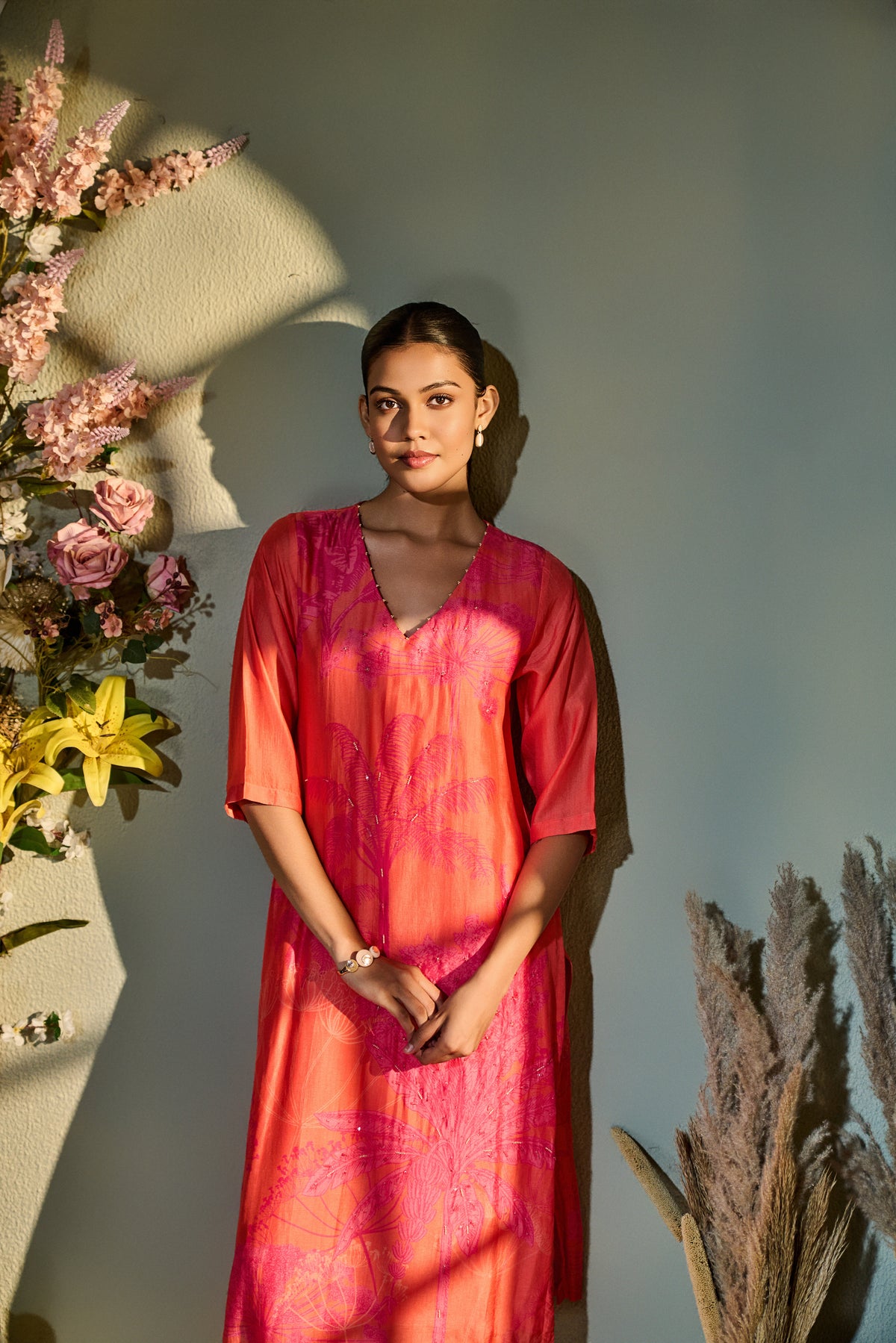 ORANGE PRINTED SILK KURTA SET WITH EMBROIDERY | Nishly Fashion House