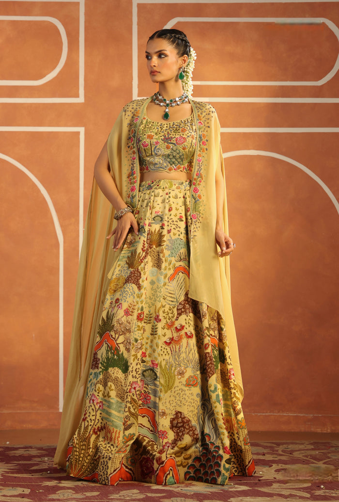 THREAD WORK GREEN LEHENGA WITH CAPE