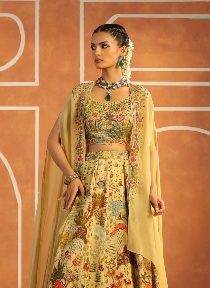THREAD WORK GREEN LEHENGA WITH CAPE