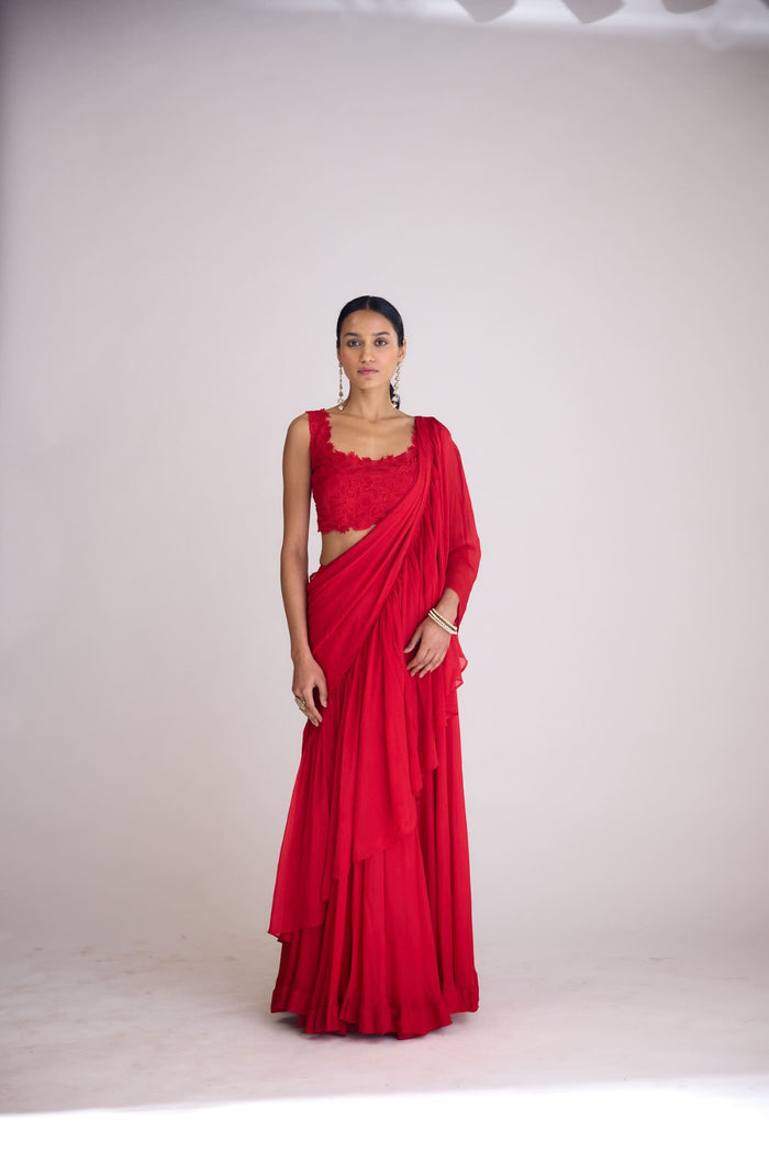 RED PRE-DRAPED SAREE